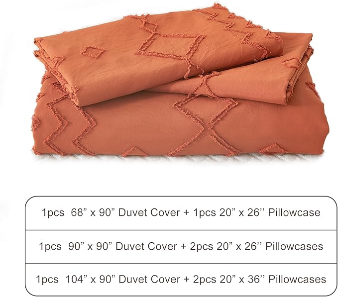EMME Boho Duvet Cover Twin Size - 2 Pieces Embroidery Shabby Chic Bedding, Tufted Comforter Cover for All Seasons, 1 Duvet Cover + 1 Pillowcase (Pumpkin, Twin)