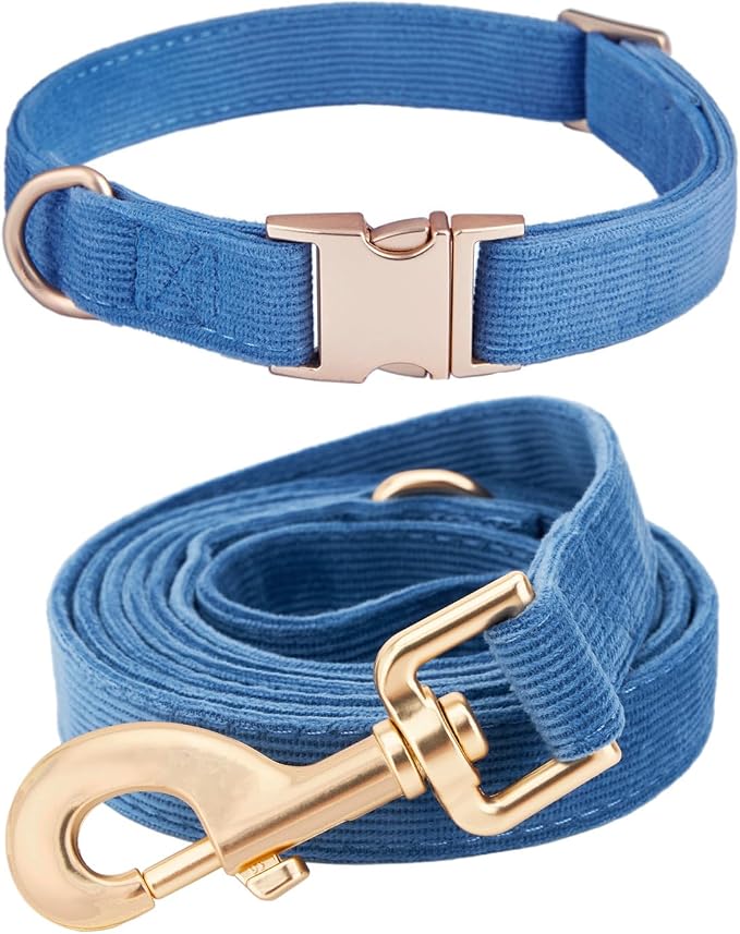 Soft Corduroy Dog Collar and Leash Set Adjustable Durable Dog Collars with Metal Buckle and Lead for Medium Dogs,Royal Blue