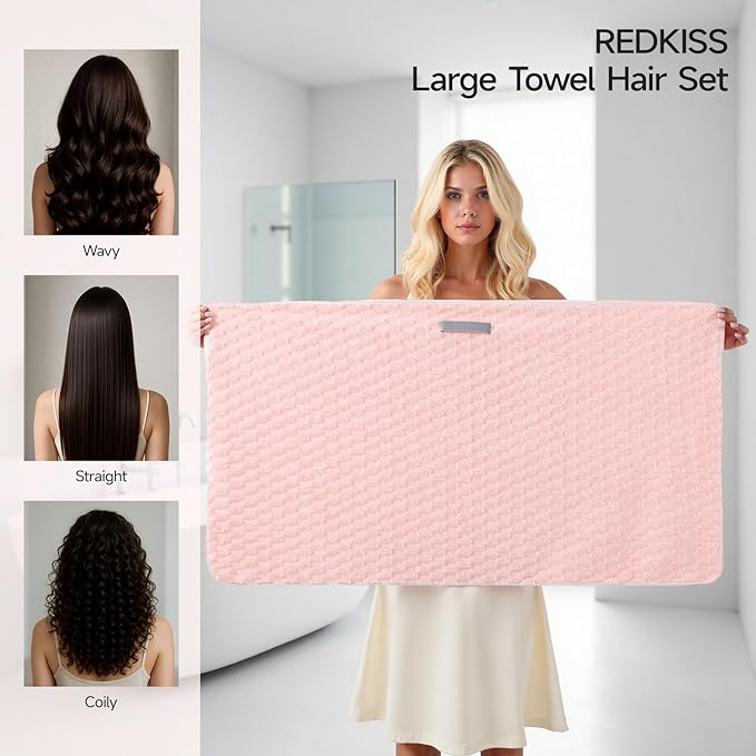 REDKISS 2 Pack Microfiber Hair Towels - Extra Large Hair Towel Wrap for Women, 24x42 inch Pink Hair Towels with Elastic Strap, Super Soft Blue Hair Drying Towels Curly Anti Frizz Turbans