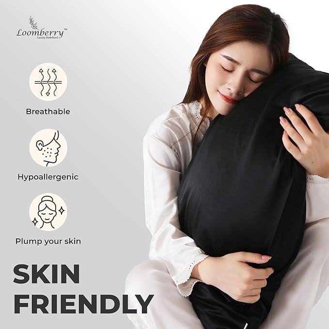 100% Pure Mulberry Silk Pillowcase for Hair and Skin, 6A Grade 22 Momme Silk Pillow Cases with Zipper, Soft Cooling Washable Both Sided Silk Pillow Cover (Black, King 20''x36’’)