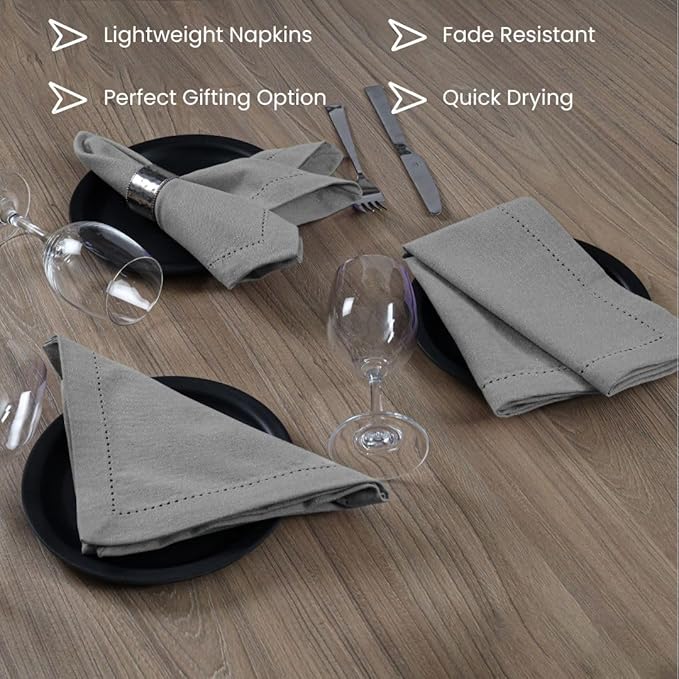 Hemstitch Cloth Dinner Napkins 100% Cotton Set of 6 - for Dining Special Occasions Weddings Parties Holidays Easter - Soft Durable Washable - 18x18 Inch Table Cloth Napkins Light Grey