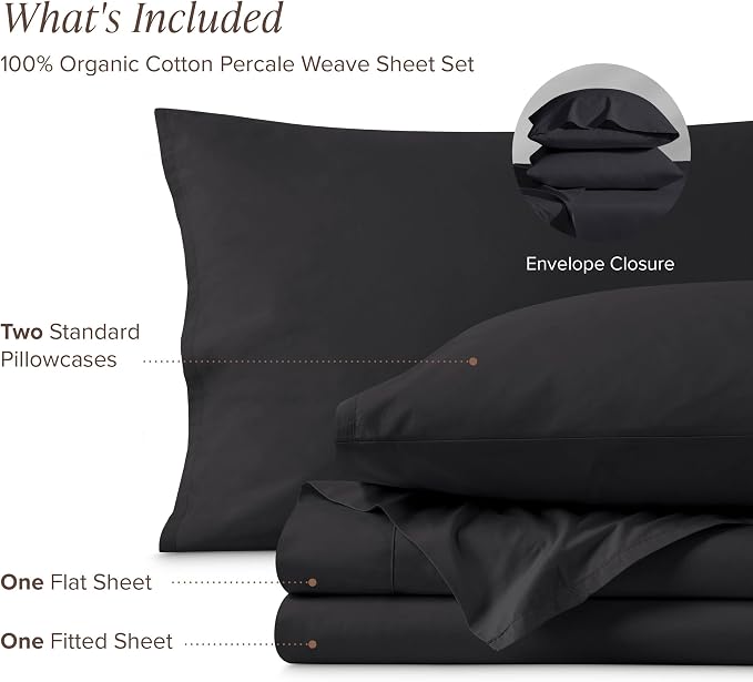 Bare Home 100% Organic Cotton Queen Sheet Set - Crisp Percale Weave - Lightweight & Breathable - Bedding Sheets & Pillowcases (Queen, Black)
