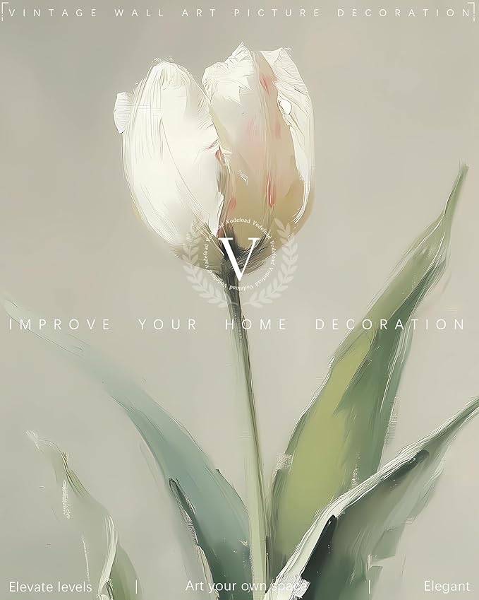 Vodefoad Vintage Neutral White Tulip Wall Art, Neutral White Tulip Wall Art, Minimalist Spring Flower Painting, Retro Botanical Print, Eater Farmhouse Decor for Gallery Home Bedroom Farmhouse Bedroom - 8x10Inch Unframe
