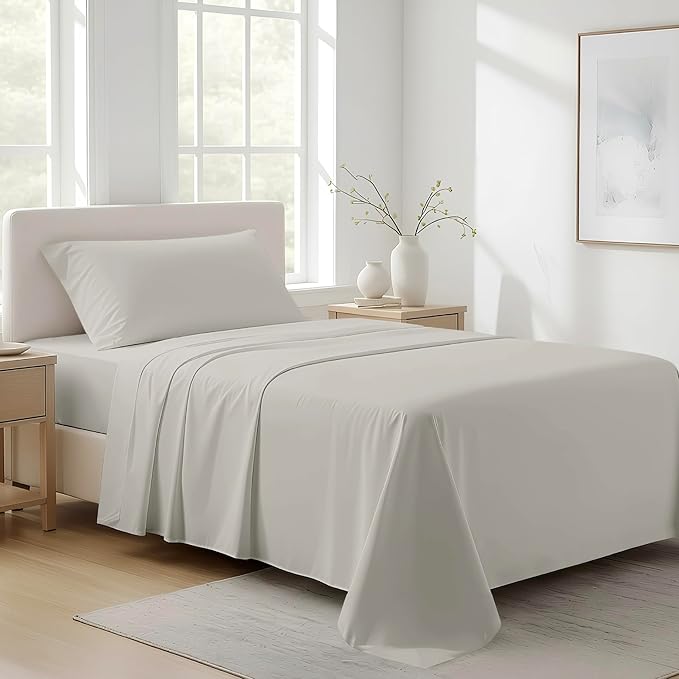 100% Organic Cotton Sheets Twin Size - Organic Cotton Twin Size Percale Weave Sheet Set (3 PC, Light Grey), Soft, Cooling, Crisp & Breathable, 16" Deep Pocket Hotel Quality Bedding Set