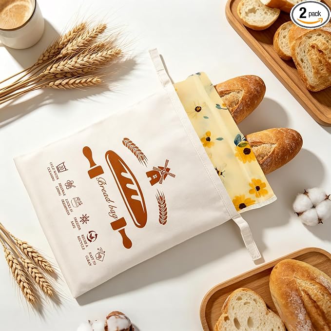 Beeswax Bread Bags with Dual Seal Removable Liner for Homemade Sourdough | 2 Pack XL reusable organic cotton bags with removable easy‑clean printed liner, zipper & hook‑loop seals to keep loaves fresh