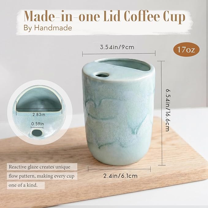 Handmade Ceramic Coffee Mug with Half Lid, 17oz Unique Tea Coffee Cup with Sip-top Lid, Sea Foam