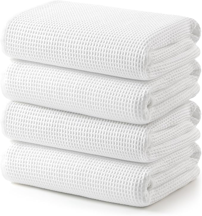 ecolook 4 Piece Waffle Bath Towel Set, 100% Cotton Lightweight & Quick-Dry Bath Towels, Ultra-Absorbent and Breathable, Lint-Free Hotel & Spa Towels for the Bathroom, Gym and Travel - White