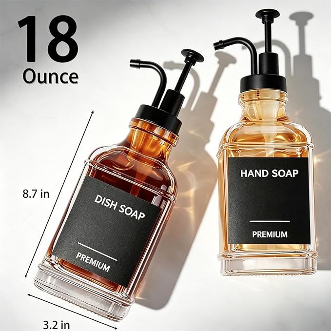 Dish Soap Dispenser for Kitchen, Hand Glass Soap Dispenser Set with Pump, Funnel for Bathroom, Shower, Laundry, Liquid, Lotion (Black 2 Pack 18 Oz Clear Bottles with 12 Stickers)