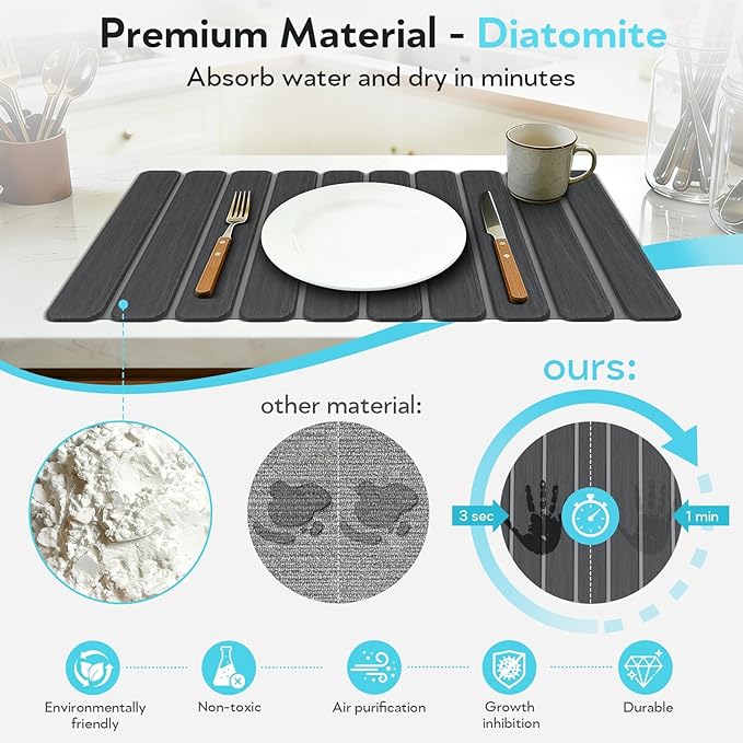 Stone Drying Mat for Kitchen Counter Countertop - Diatomaceous Earth Dish Drying Mat Foldable, Quick Dry Water Absorbent Stone Bath Mat for Bathroom, with Towel Non Slip Pad Sandpapers, 24"×16"