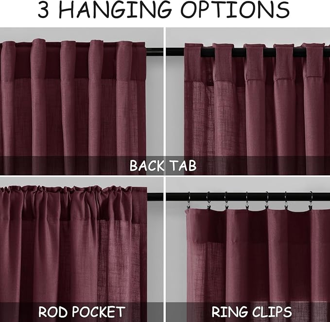 Nanspring Burgundy Linen Curtains 80 Inch Length for Living Room Light Filtering Semi Sheer Curtain Back Tab Vintage Boho Decor Elegant Luxury Drapes for Bedroom Dinner Room 52x80, 2 Panels