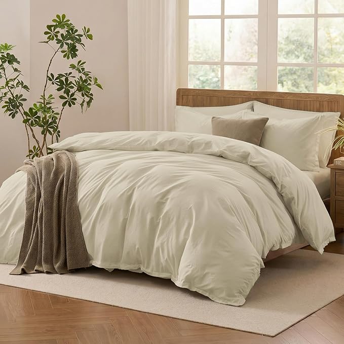 Duvet Cover Set Twin Size, 100% Washed Cotton, Light Weight Breathable Comforter Cover Linen Feel,2PCs Breathable Bedding Set for All Season, Frosted Almond 68"x90"
