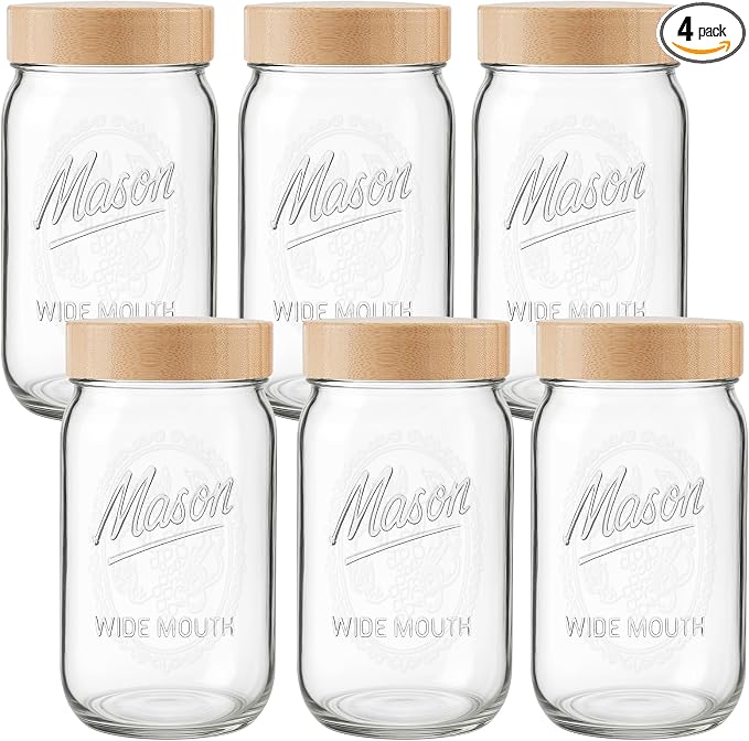 32 oz Glass Jars, Wide Mouth Mason Jars with Bamboo Airtight Lids for Food Storage, Snacks, Meal Prep & Lunch Leakproof (6 Pack - Bamboo)