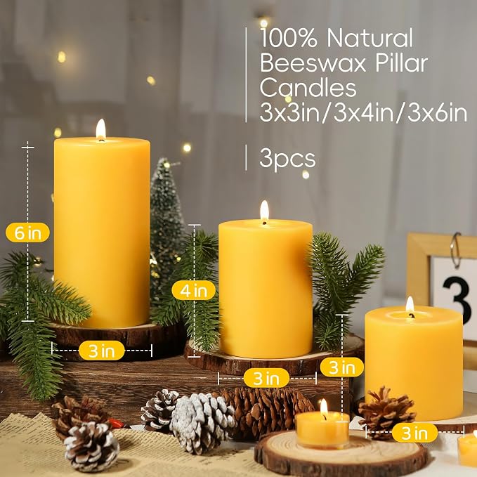Pure Beeswax Candles,3 Pack Unscented Pillar Candles,213 Hours Long Burning Clean Burning, Smokeless Dripless Bees Wax Candle for Home,Prayer,Emergency,Dinner Table (3x3,3x4,3x6in)