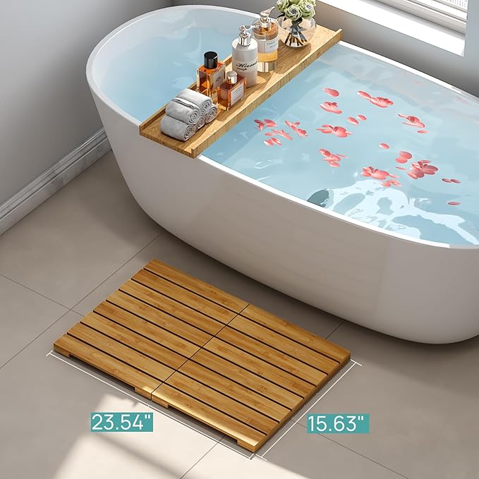 Waterproof Bamboo Bath Mat for Shower, Wooden Floor Mat for Bathroom, Foldable | Non-Slip | Heavy Duty, Shower Mat for Indoor Outdoor, 23.54in x 15.63in