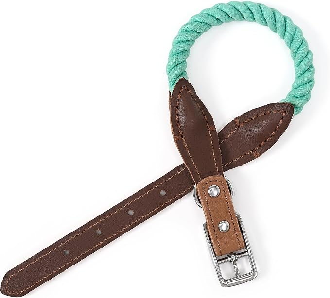 Mile High Life Genuine Leather Dog Collar, Durable Braided Cotton Rope Collar with Metal Pin Buckle for Small Medium Large Dogs (Green, L Neck 17"-21")