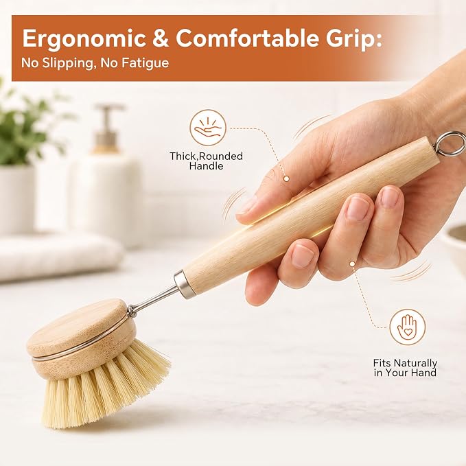 DEBETOOL Bamboo Dish Brush with Handle & 4 Replacement Heads - Natural Wooden Dish Scrubber with Sisal and Palm Fiber, Plastic Free Bamboo Brush for Dishes, Pots, Pans