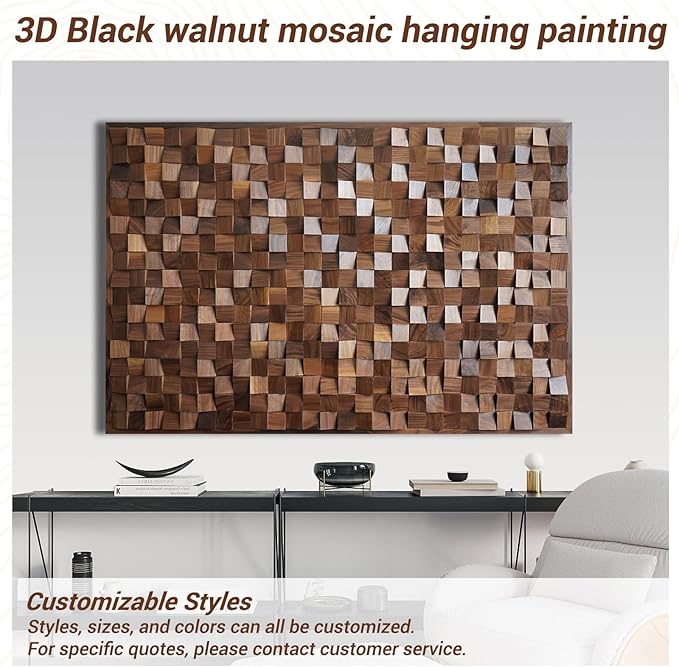 3D Art Black Walnut Solid Wood Mosaic Decorative Painting. Wall Art Decoration.It's Customizable。 It's Framed. Nice Housewarming Gift. Home Decoration, Living Room wall Decoration.