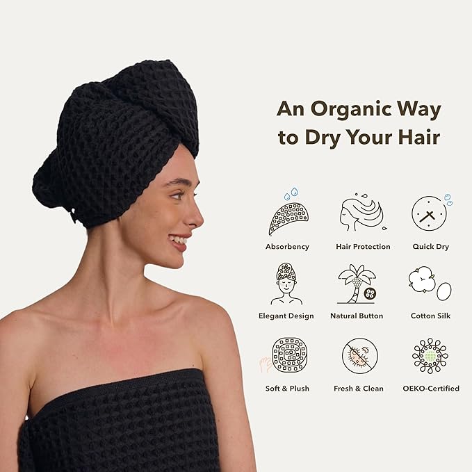 Luxury Organic Japanese Cotton Hair Drying Waffle Towel Wrap for Women | Absorbent, Quick-Dry Head Turban for Shower, Sauna, Spa | Extra Large for Long, Curly, Straight Hair With Button (Black, 2 Pc)