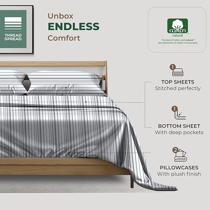 THREAD SPREAD 100% Organic Cotton Sheets King Size - Organic Cotton Percale Weave Sheet Set (4 PC, Variegated Stripe), Soft, Cooling, Crisp & Breathable, 16" Deep Pocket Hotel Quality Bedding Set