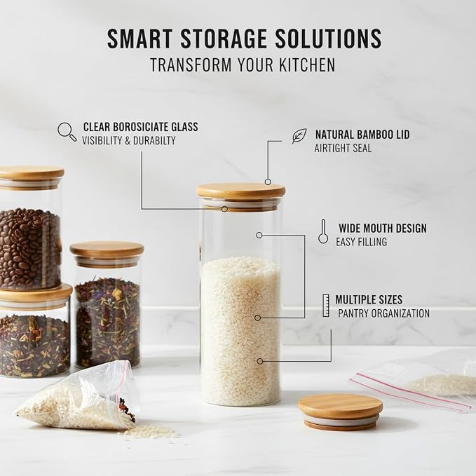 Borosilicate Glass Storage Jars with Bamboo Lids, Clear Kitchen Canisters for Pantry Organization of Dry Goods, Coffee, Tea, and Grains