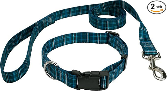 Country Brook Petz - Navy Plaid Everyday Dog Collar and Leash - Plaid and Argyle Collection Featuring Charming Designs (1 Inch, Medium)