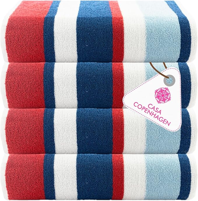 CASA COPENHAGEN Bora Bora Beach Towels Designed in Denmark Rough and Tough, Quick Dry, for Pool, Bath & Shower 30x60 inches 4 Pieces Cotton Beach Bath Towels Set - Red