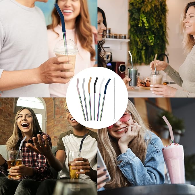 Tronco Set of 6 Stainless Steel Reusable Metal Straws with Silicone Flex Tips Elbows Cover, Metal Drinking Straws for Tronco Tumbler, 6 Steel Straws,6 Silicone Tips,1 Straw Cleaning Brush(Iridescence)