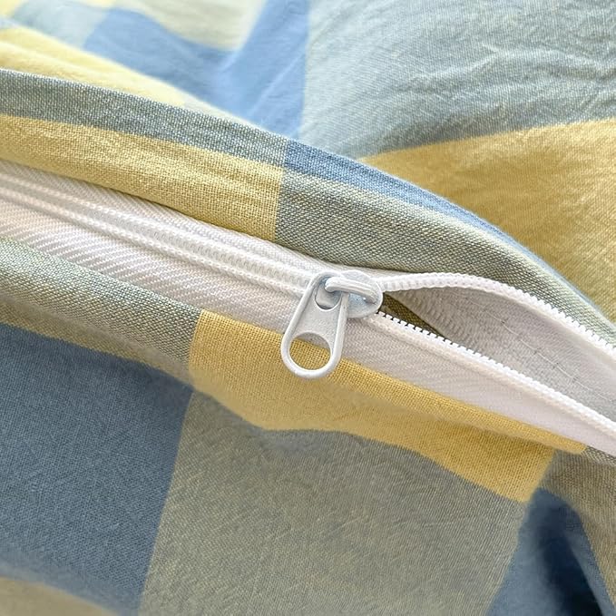 FACE TWO FACE Bedding Duvet Cover Set100% Washed Cotton Duvet Cover Linen Like Textured Breathable Durable Soft Comfy (King, Blue Yellow Grid)
