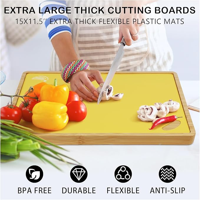 Bamboo Cutting Board Set with 6 Color-Coded Flexible Chopping Mats,BPA Free, Durable & Multi-Purpose for Kitchen Prep, Ideal Charcuterie & Chopping for Meat, Vegetables and Fruits Ideal Kitchen Gifts