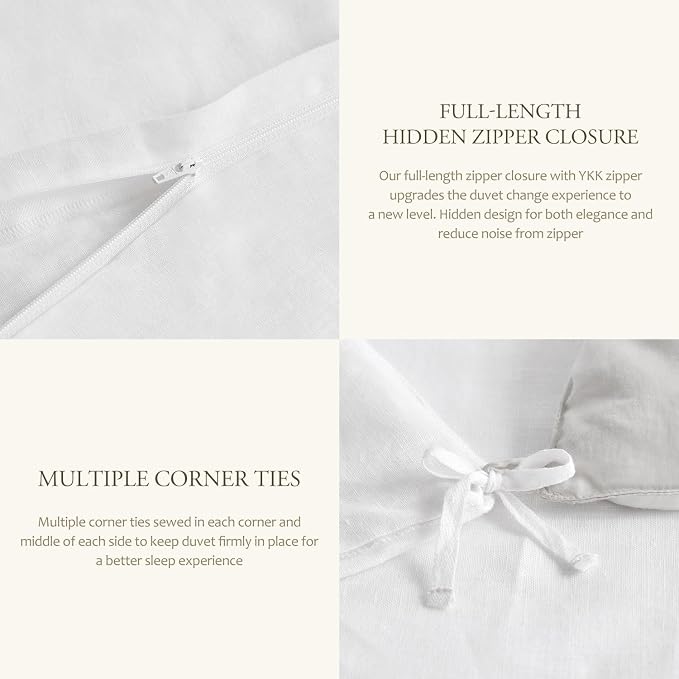 DAPU 100% Linen Duvet Cover Set - Pure Natural French Flax Linen with Multiple Corner Ties and Zipper Closure Soft Breathable Durable for Hot Sleepers 1 Duvet Cover 2 Pillowcases (White, Queen)