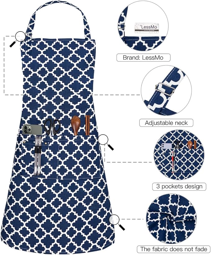 LessMo Kitchen Cooking Aprons with 3 Pockets for Men Women - Cotton Adjustable Professional Grade Chef Apron for Kitchen, BBQ & Grill (Blue)