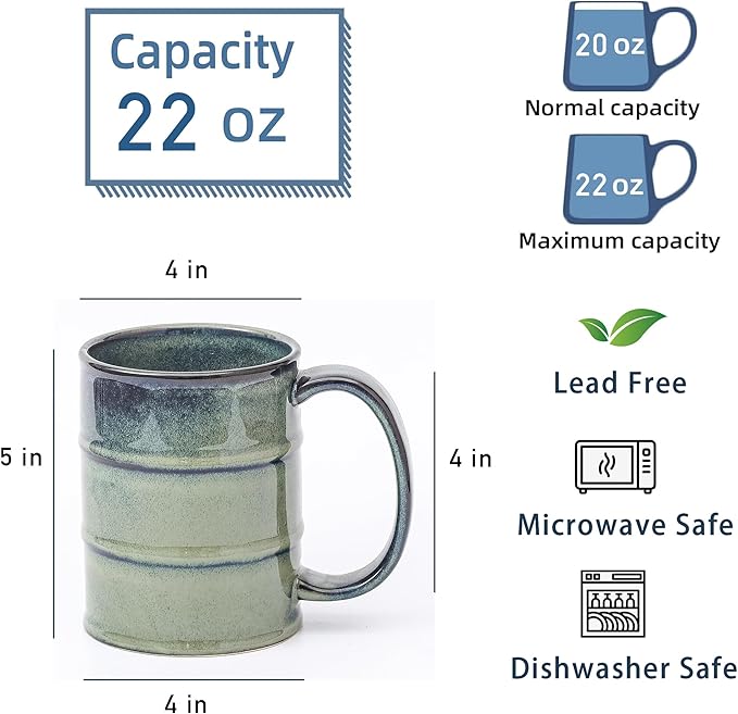 Coffee Mug, 22 oz Beer Mugs Large Ceramic Coffee Mug Tea Cups, Handmade Mug with Big Handle for Office and Home, Dishwasher and Microwave Safe (Blue Green)