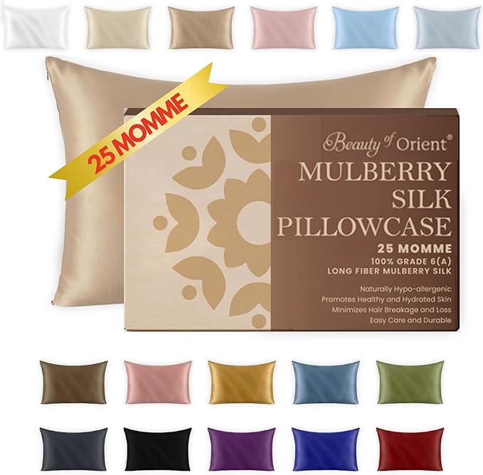 25 Momme Premium Mulberry Silk Pillowcase for Hair and Skin | Handcrafted Hypoallergenic & Anti-Acne Silk Pillow Cases with Zipper | Standard - 20" x 26", Champagne
