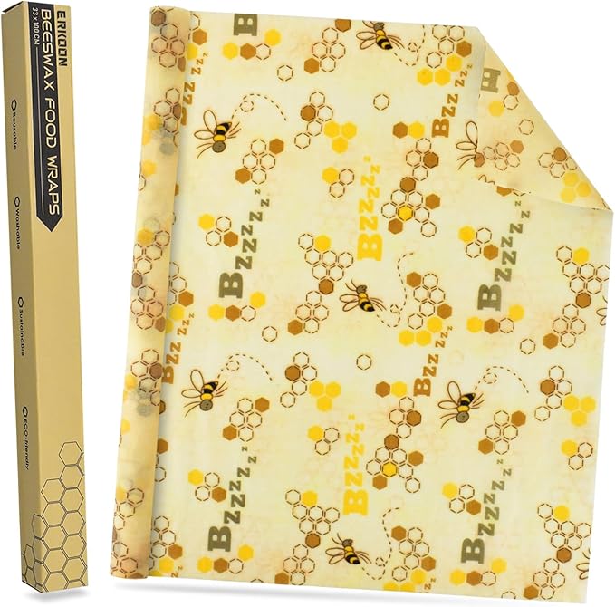 Beeswax Food Wraps 1 Meter Roll 13 x 39 Inch Reusable Beeswax Wraps Eco-Friendly Sustainable Food Storage Wraps for Sandwich, Cheese, Fruit, Bread, Snacks (Bee Pattern) (1, 13x39 英寸)