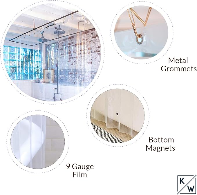 Kent & West PEVA Shower Curtain Liner - USA Made, PVC Free, Clear, Durable 9 Gauge, Bottom Magnets, 72" X 72"