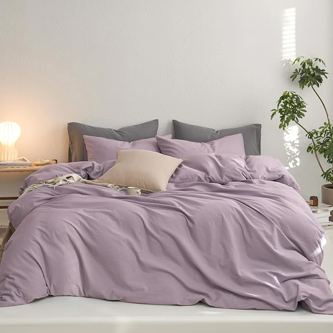 MooMee Queen Duvet Cover Set, 100% Washed Cotton Linen Like Twill Thick Sturdy Material Super Soft Breathable Durable Bedding for All Season, 3 Pieces (Lavender, Queen 90"x90")