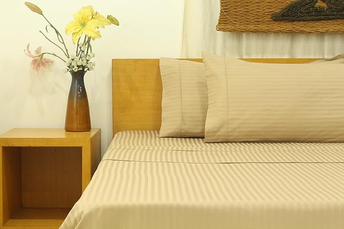 Organic Cotton Soft Sateen Stripe Bed Sheet Set - Luxury Hotel Quality - GOTS Certified - Deep Pocket - Easy Care - King (Khaki)