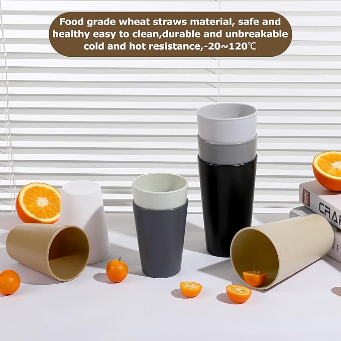 HEYCOME Set of 16 Wheat Straw Cups, 8 Pcs 20 oz & 8 Pcs 12 oz Unbreakable Drinking Cups, Reusable Plastic Cups Sets, Water Glasses Tumblers, Microwave & Dishwasher Safe, Bpa Free, 8 Colors