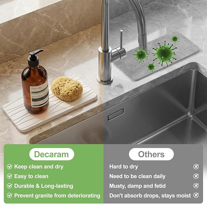 Water Absorbing Stone Tray for Bathroom Sink Stone Drying Mat for Kitchen Counter Diatomite Sink Soap Dispenser Trays Quick Dry Mat Kitchen Decor Diatomaceous Earth Vanity Tray Bathroom Accessories