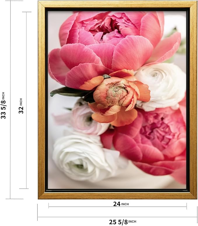 Monem Art Pink Peony Floral Macro Photography Print - Romantic Flower Art Poster - Wall Decor for Living Room, Bedroom or Office - 24x32 Gold Framed CANVAS Wall Art by Mareike Bohmer