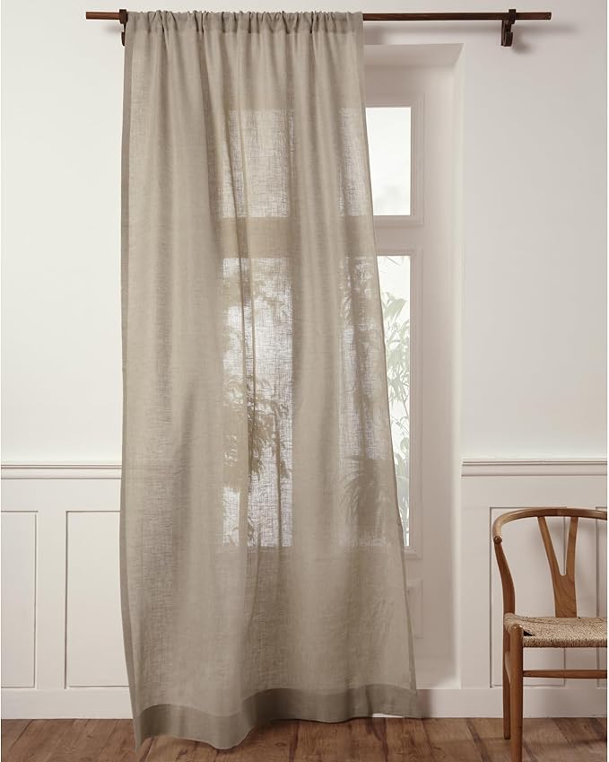 Solino Home European Flax Linen Sheer Curtain 144 Inches Long, 100% Pure Linen Natural 52 x 144 Inch Long Light Filtering Rod Pocket Window Curtains Panel for Living Room, Bedroom - 1 Panel