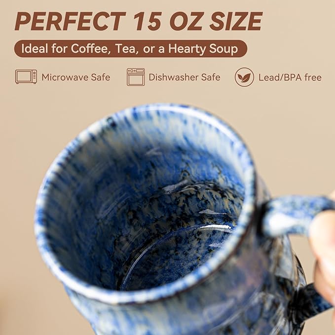 Unique Reactive Glaze Ceramic Coffee Mug - 15 oz Large Coffee Cup with Ergonomic Handle, Deep Sea Blue Ceramic Mug for Office & Home, Great Birthday Gift for Women, Men & Friends