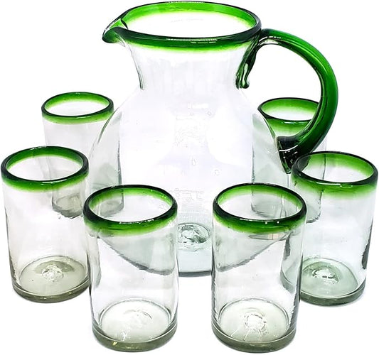 Emerald Green Rim 120 oz Pitcher and 6 Drinking Glasses set, Recycled Glass, Lead-free, Toxin-Free (Pitcher & Glasses)