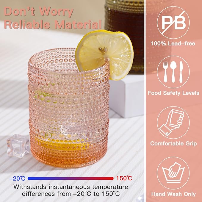JOVGANK Colored Vintage Hobnail Drinking Glasses Set of 6, Embossed Water Tumbler 12oz, Kitchen & Bar Beaded Glass Cups, Beverage Glass Cups for Water, Beer, Juice, Housewarming Gift