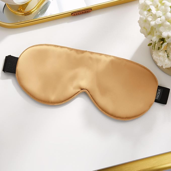 THXSILK Sleep Mask 100% 19 Momme Pure Mulberry Silk Super Smooth Cooling Sleep Eye Mask Blackout for Women/Man/Kids Eye Cover with Wide Head Strap Good Night Sleep Comfortable Travel Nap Metallic Gold