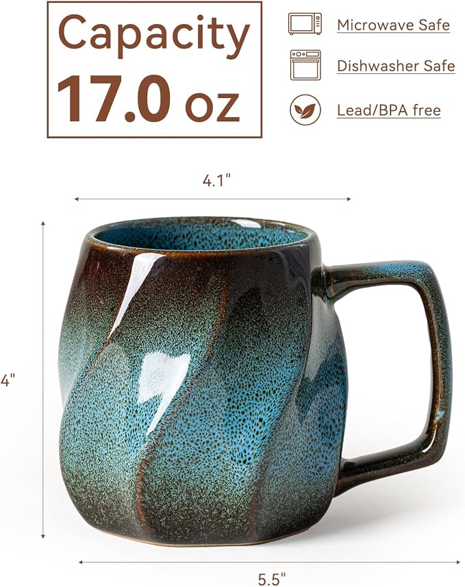 Deep Sea Aurora Ceramic Coffee Mug - 17 oz Unique Reactive Glaze Coffee Cup with Ergonomic Handle, Ceramic Mug for Office Home, Birthday Gift for Men Women