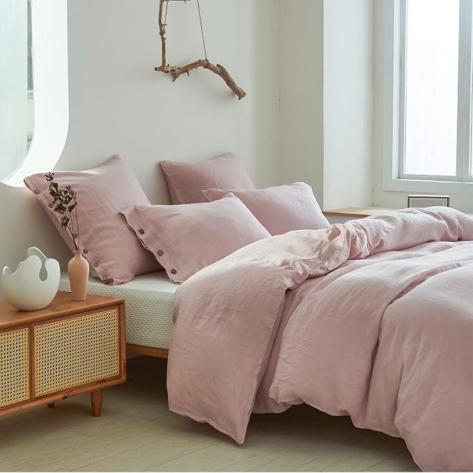 Simple&Opulence 100% Linen Duvet Cover Set 2pcs with Coconut Button Closure Natural French Washed Flax Solid Color Soft Breathable Farmhouse Bedding - Blush Pink, Twin Size
