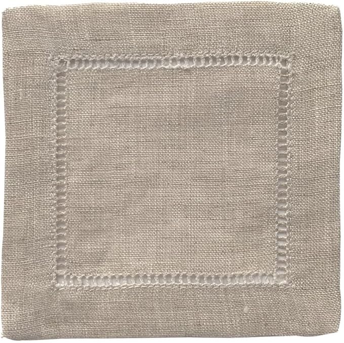 Ladder Hemstitch 100% Natural Linen Cocktail Napkins 4"x4" - A Dozen Cloth Napkin Coasters-Set of 12 Linen Beverage Party Cocktail Napkin