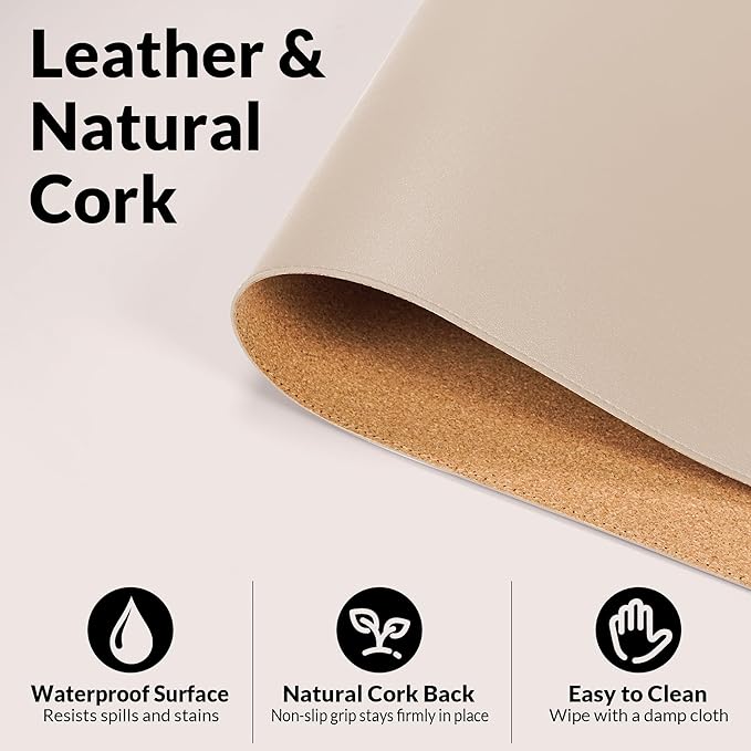 AFIING Desk Mat 23.6" x 13.7", Dual-Sided Natural Cork & PU Leather Desk Pad Protector, Waterproof Non-Slip Mouse Pad, Laptop Desk Blotter for Office, Home & Study (Beige)
