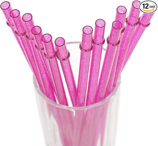 Dakoufish BPA-Free 12 Piece 11 Inch Reusable Clear Plastic Glitter Sparkle Drinking Straw Plus one Cleaning Brush (Rose,11inch)